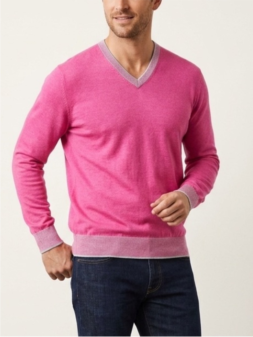Raffi Men’s Cashmere Cotton Bold Hot Pink V-Neck Sweater Colorful Preppy Size XL